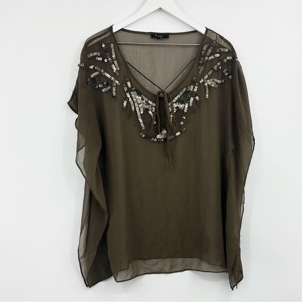 Vintage Y2K Forever 21 Green Embellished Short Sleeve Blouse Size Medium